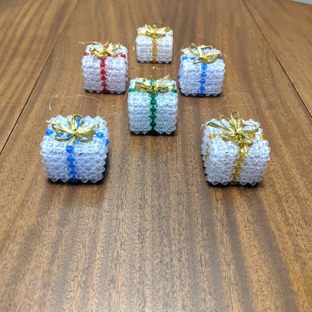 6 Hand Made Christmas Ornaments of Wrapped Boxes.